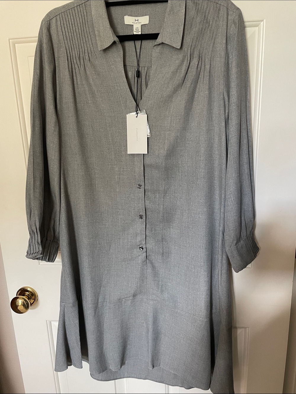 NWT Halston Pintuck Shirt Dress Soft Heather Grey V Neck